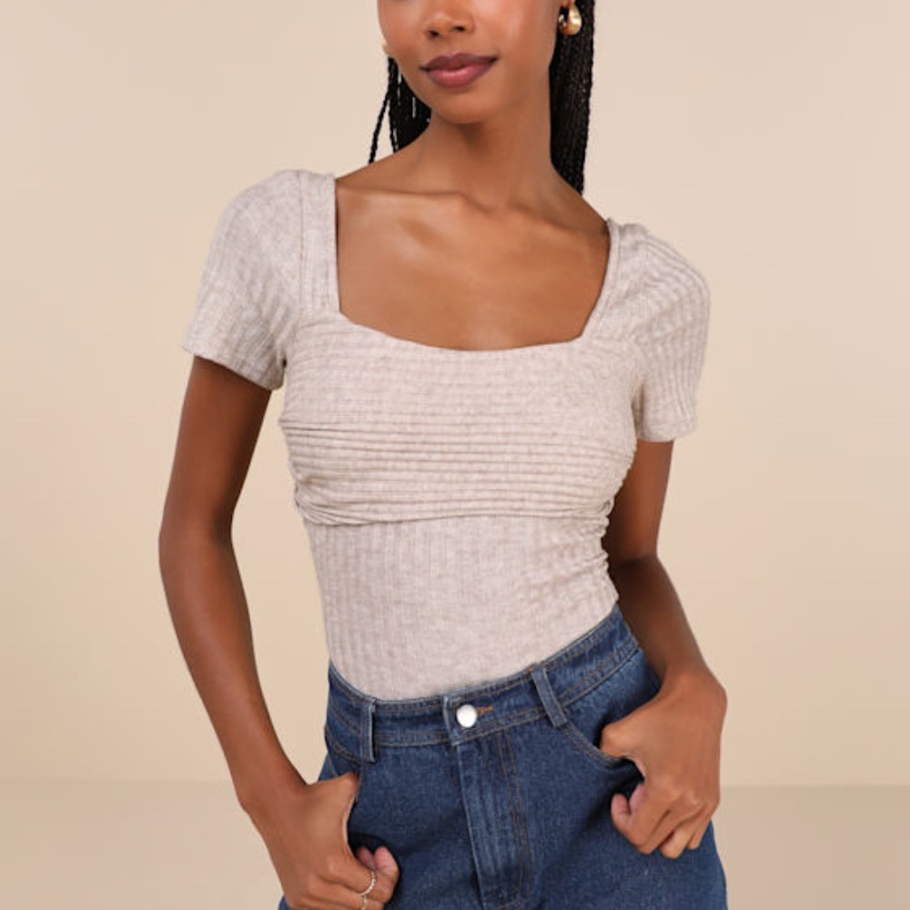 Lulus Quintessential Muse Heather Beige Ribbed Short Sleeve Top - Size L